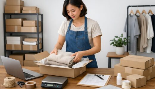 small business, e commerce, order packing, business owner, online store, packaging, shipping orders, home business, startup, entrepreneur, workspace, wooden desk, natural light, productivity, order fulfillment, retail, small business owner, logistics, packaging process, handmade business, training material