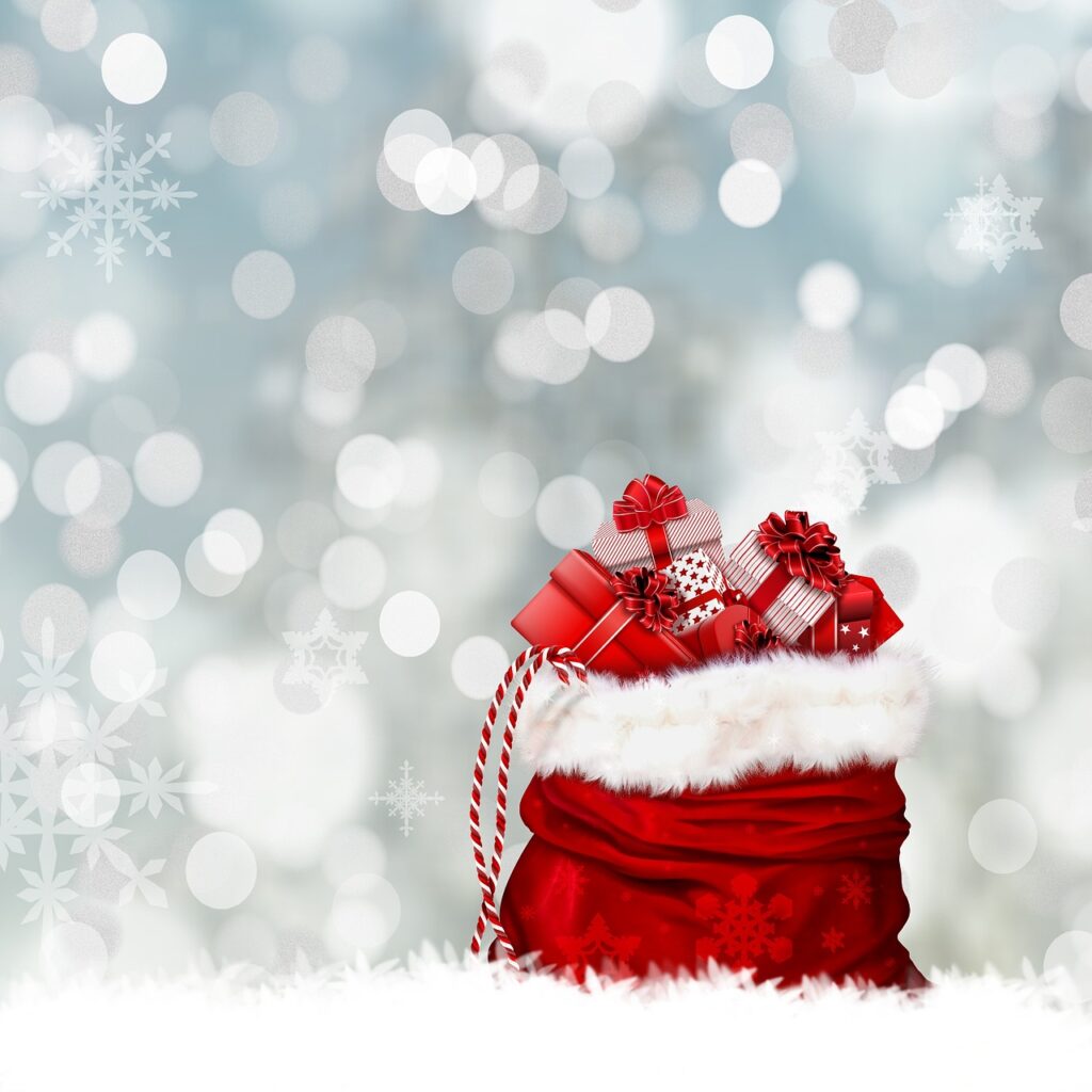christmas, gifts, gift bag, nature, bag, red, surprise, packed, christmas greeting, christmas sack, christmas time, snow, winter, wintertime, bokeh lights, christmas presents, christmas gifts, christmas background