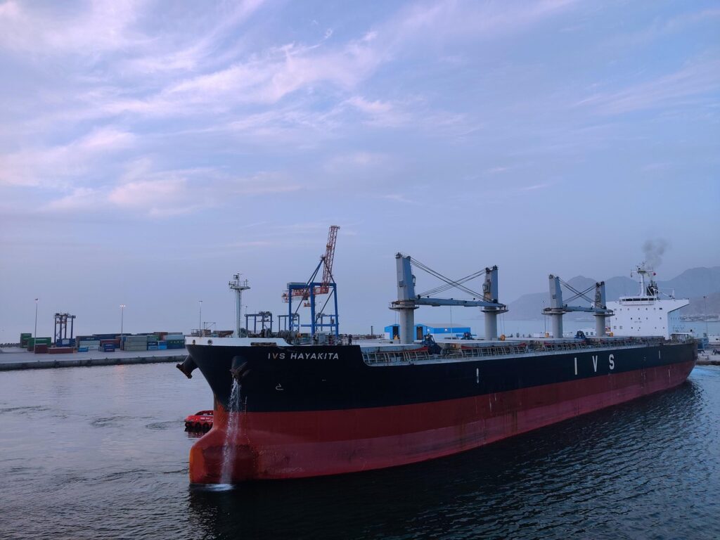 ivs shipping line, bulk ship, vessel, sky, nature, clouds, mountain, ship crane, crane, cargo ship, transportation, tug boat, anchor, sea, boat