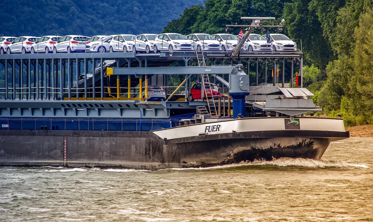 cargo ship, autotransport, rhine shipping, ship, car ferry, shipping, water transport, boat, car transporter, export, water, means of transport, charge, rhine, river navigation, freighter, nature, flow, white, blue, green, waves, bug, spray, landscape, transport