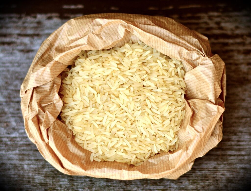 rice, rice grains, food, meal, nourishment, grains, paper bag, packaging, cook, rice, rice, rice, rice, rice