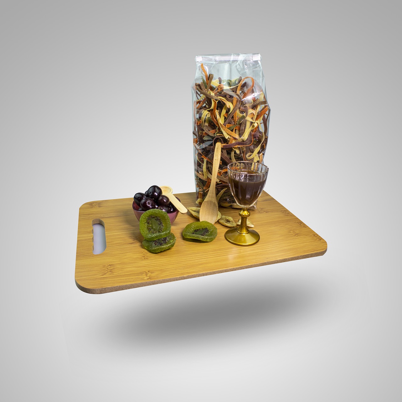 fruits, glass, dry food, plastic bag, package, packing, packaging, transparent bag, food, product, chopping board