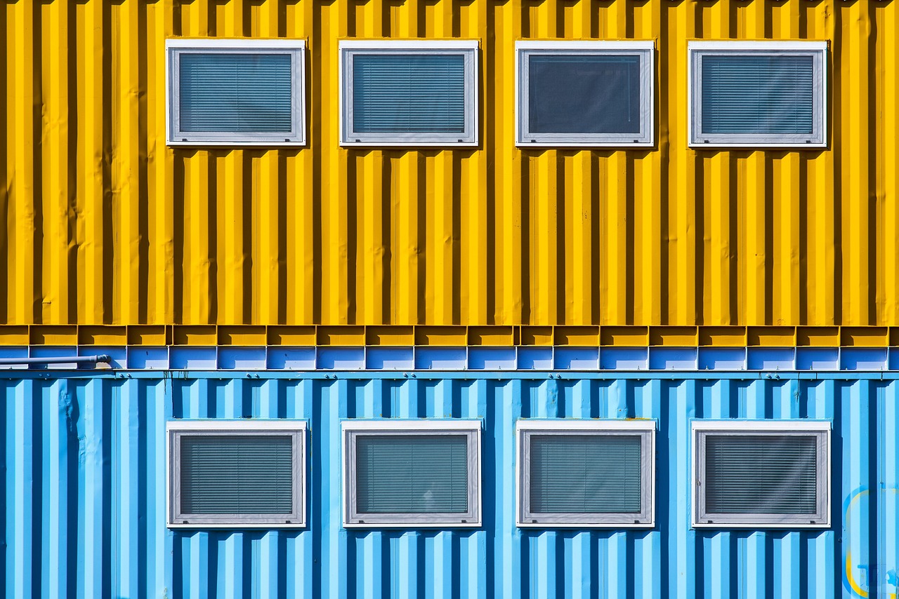 yellow, blue, container, window, color, metal, geometry
