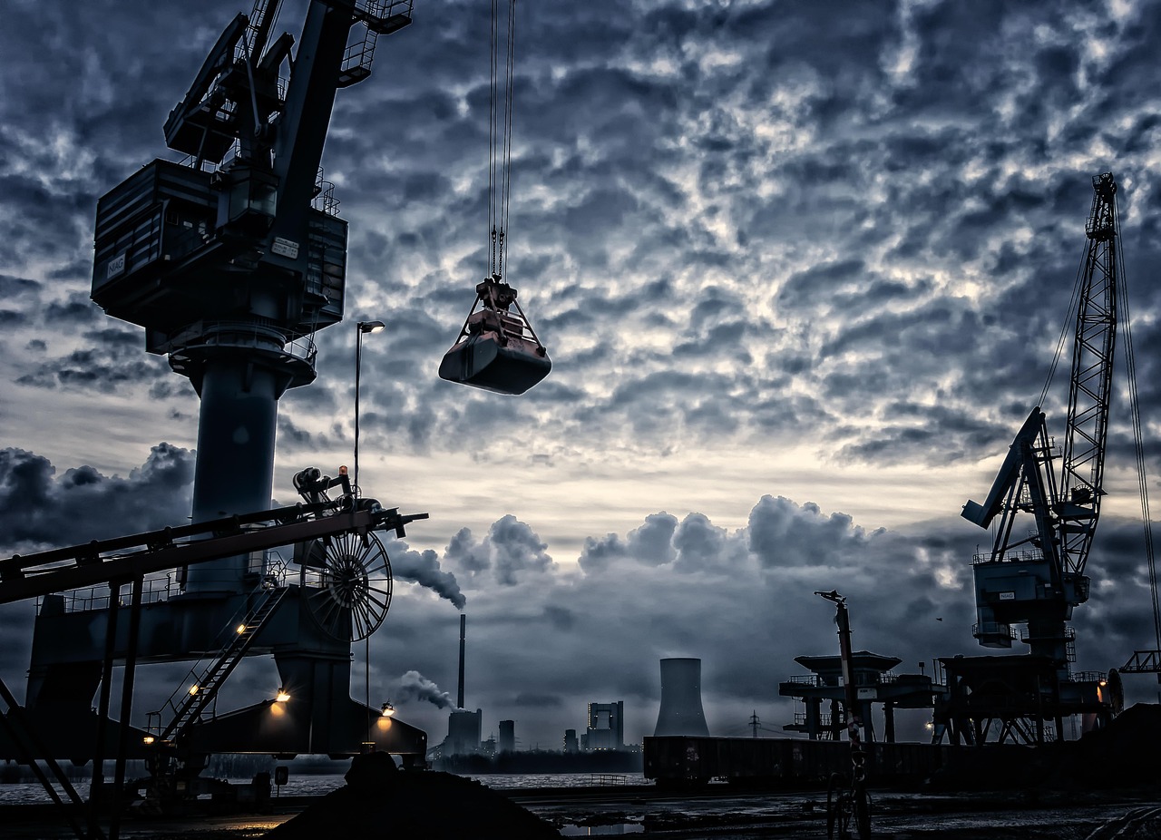 crane, port, shipping industry, harbor, pier, clouds, industrial plant, unloading, gripper, nature, tower crane, twilight, dusk