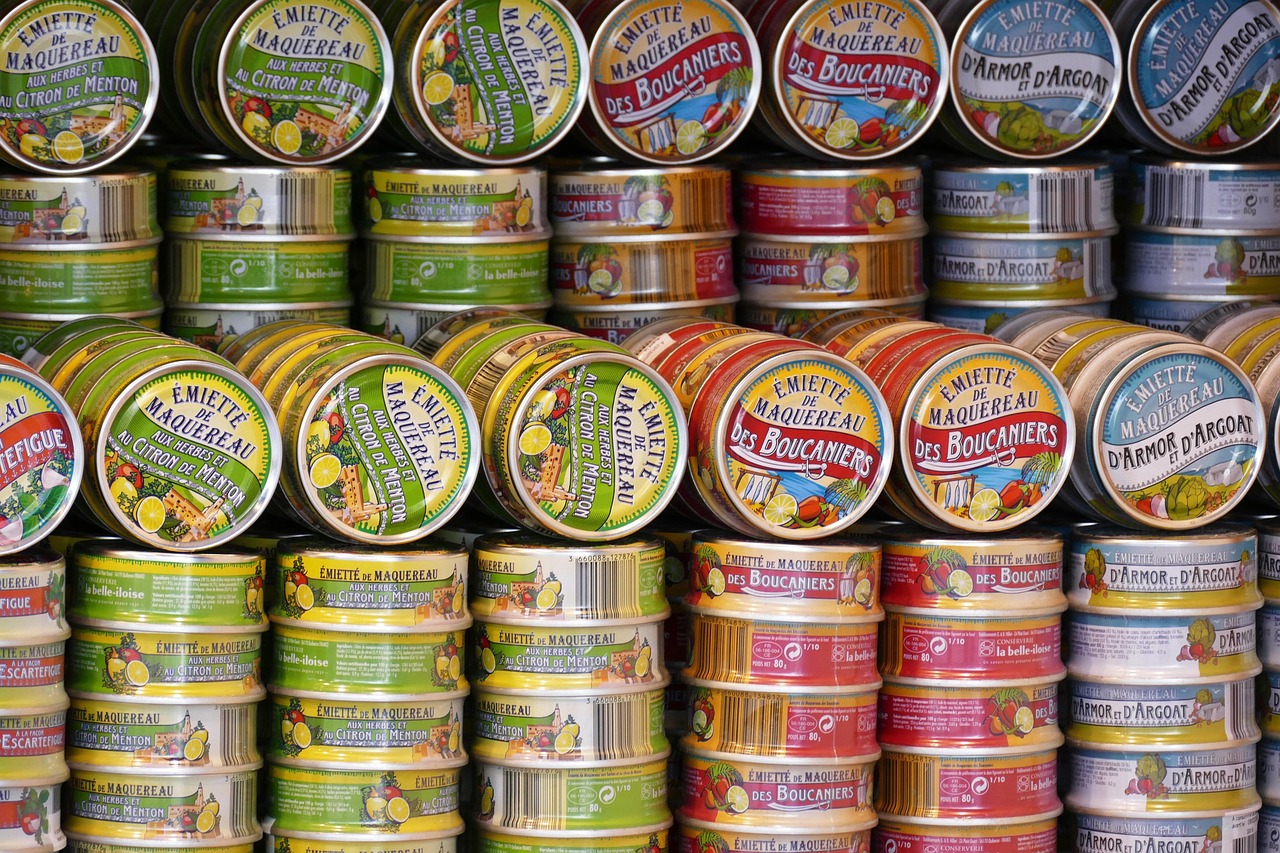 canned goods, cans, canned food, finished products, meal, tin can, fish, nature, can, shelf, food, supermarket, sardines, potted, rifle, packaging
