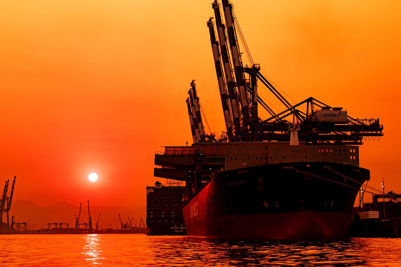 ship, sunset, port, sea, ocean, pier, shipping port, shipping, shipping industry, cranes, shipping cranes, dusk, sunrise, dawn, twilight, nature, orange sky, port of santos, brazil, atlantic, water, sky, morning, vessel, shipping vessel