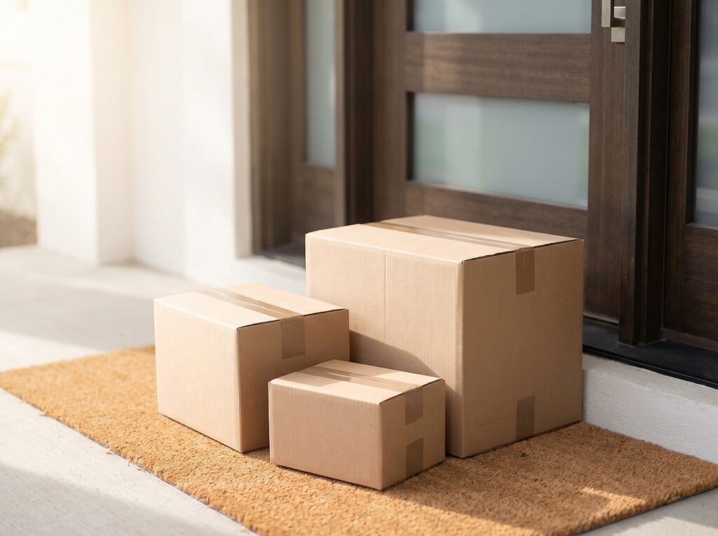 packages, boxes, delivery, outdoor, door mat, door, wooden, home, shipment, courier, supply, postal, waiting, stone, light, transport, entrance, shadow, minimalism, everyday life