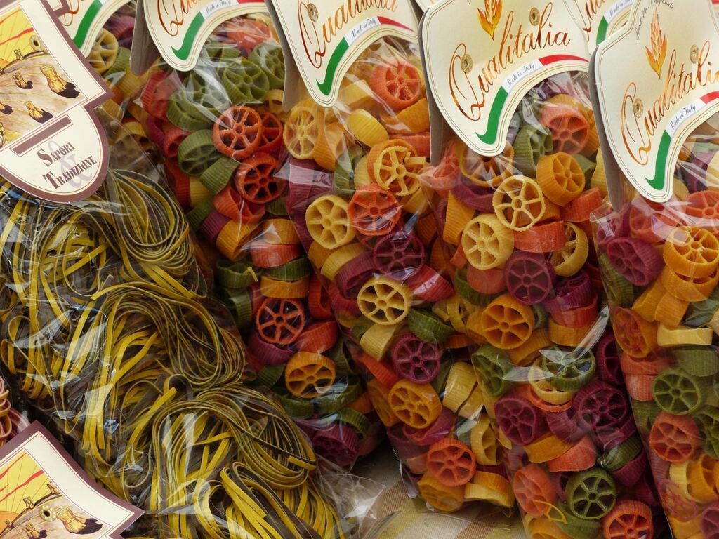 noodles, multicoloured, coloured, color raw, food, pasta, italian, carbohydrates, red, green, yellow, packaging, wrapped up, selling