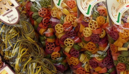 noodles, multicoloured, coloured, color raw, food, pasta, italian, carbohydrates, red, green, yellow, packaging, wrapped up, selling