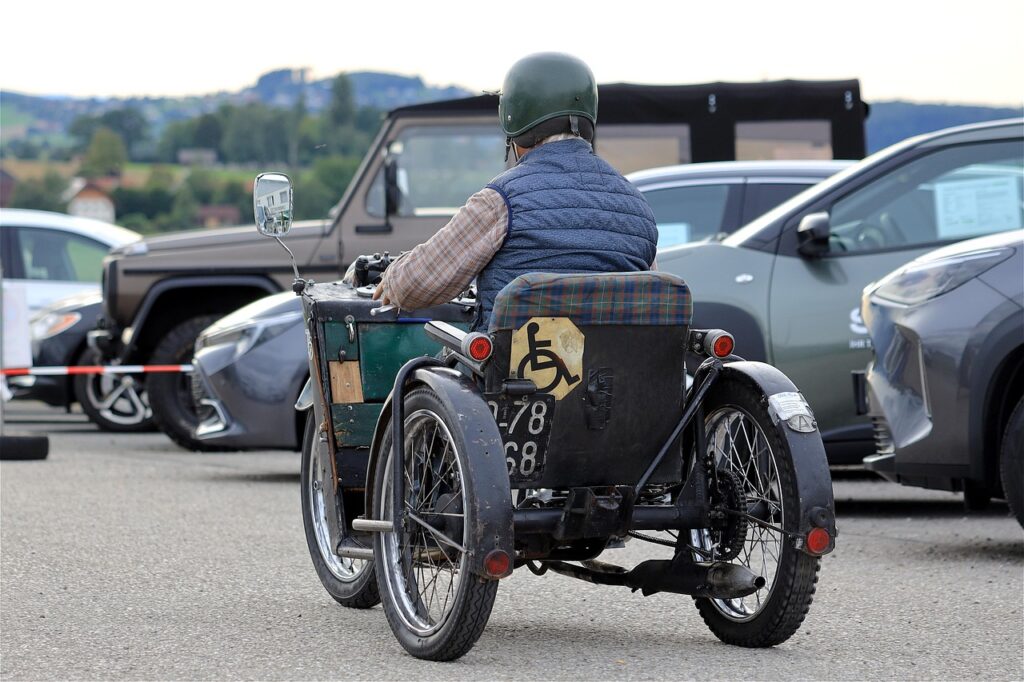 tricycle, motorcycle, man, vehicle, custom, antiquity, dare, motorized wheelchair, wheelchair, chain drive, year of construction 1957, custom-made, puch