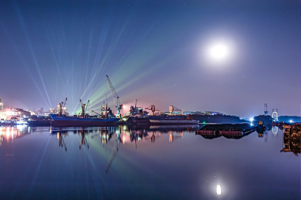 river, port, moonlight, full moon, ships, illuminated, night sky, water reflections, mirroring, mirror image, shipping, pier, shipping port, shipping industry, vessels, shipping vessels