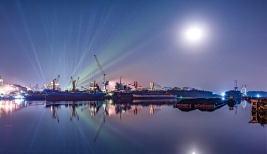river, port, moonlight, full moon, ships, illuminated, night sky, water reflections, mirroring, mirror image, shipping, pier, shipping port, shipping industry, vessels, shipping vessels