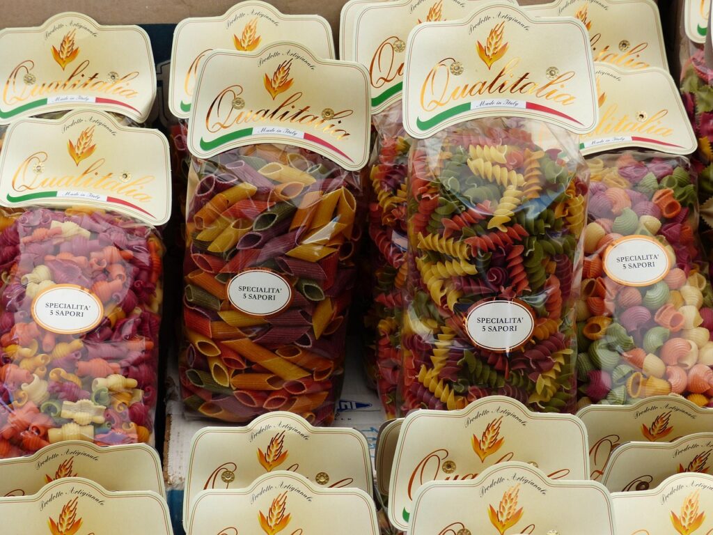 noodles, multicoloured, coloured, color raw, food, pasta, italian, carbohydrates, packaging, wrapped up, selling