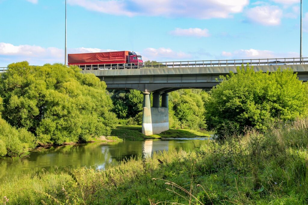 bridge, car wallpapers, car, river, wagon, cargo, machine, transport, movement, delivery, shipping, transportation