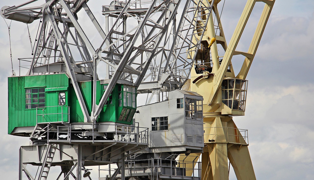 port cranes, harbor cranes, heaven, clouds, industry, port, cranes, shipping, loading cranes, freight transport, transport, general cargo, loading, unload, nature, loading and unloading