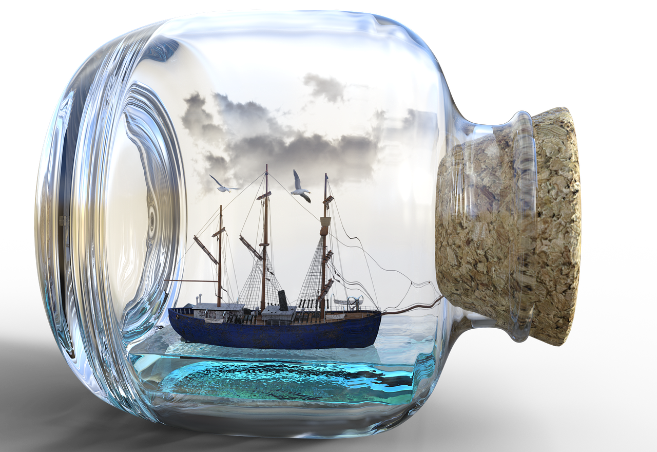 digging ship, ship, bottle, art, cork, glass, glass bottle, trick, handcraft, water, model, clouds, gull, sea, folds, coloured, nature, coast