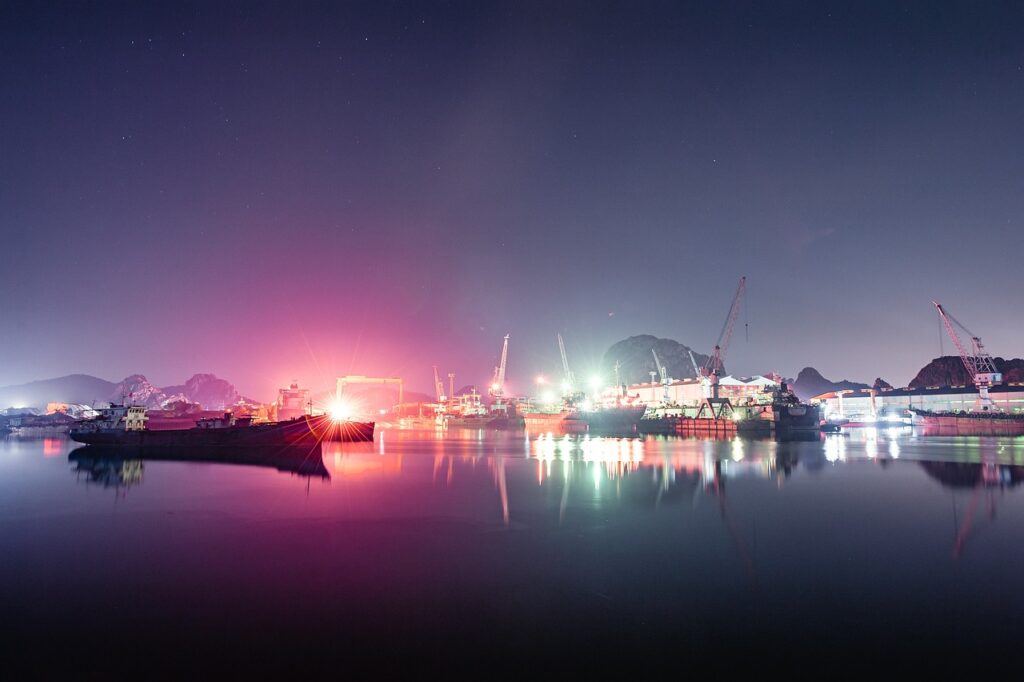 river, port, ships, illuminated, night sky, water reflections, mirroring, shipping, pier, shipping port, shipping industry, vessels, shipping vessels