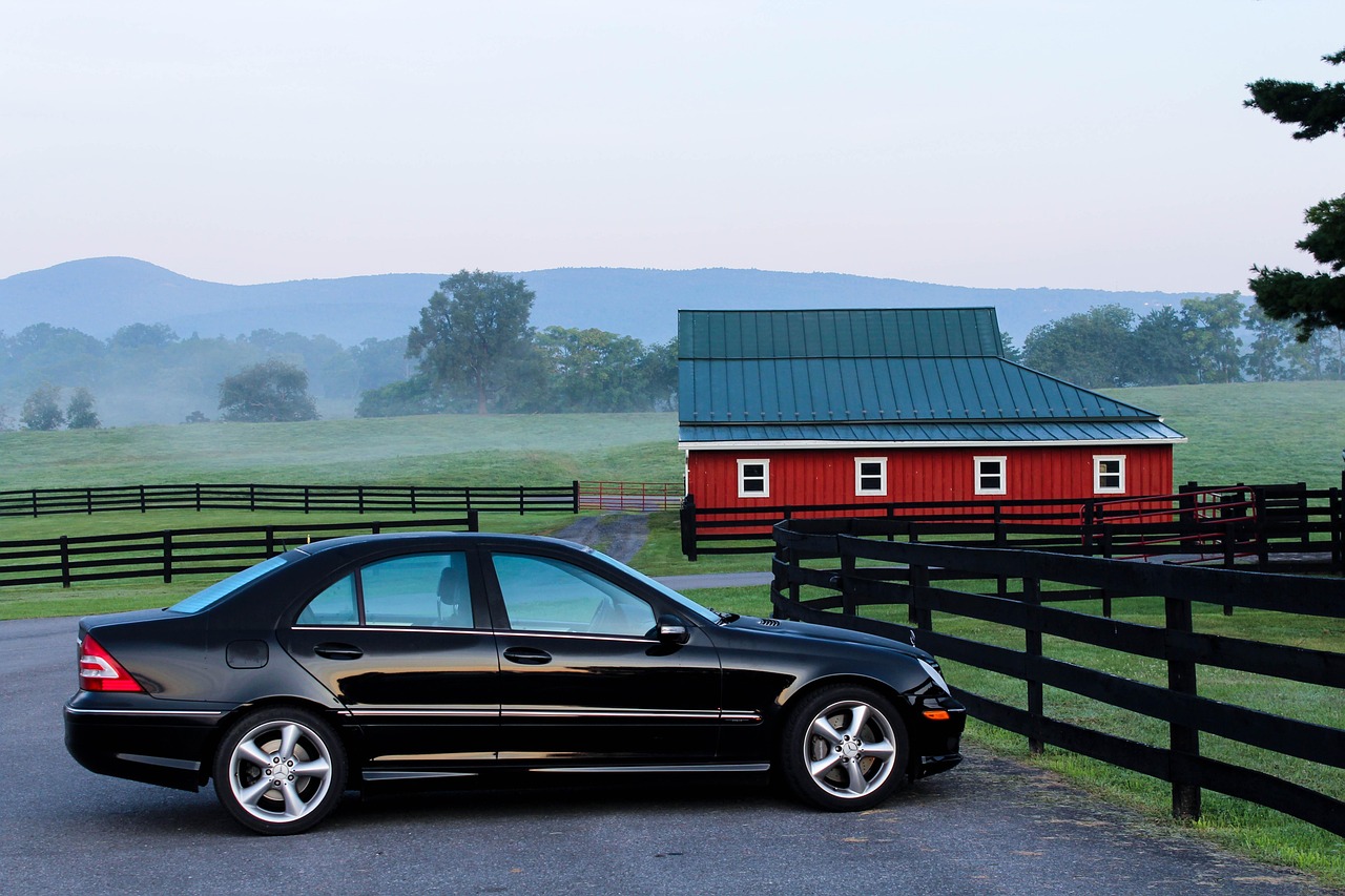 automobile, car, barn, farm, ranch, parked car, black car, car wallpapers, vehicle, rural, countryside, fence, demarcation