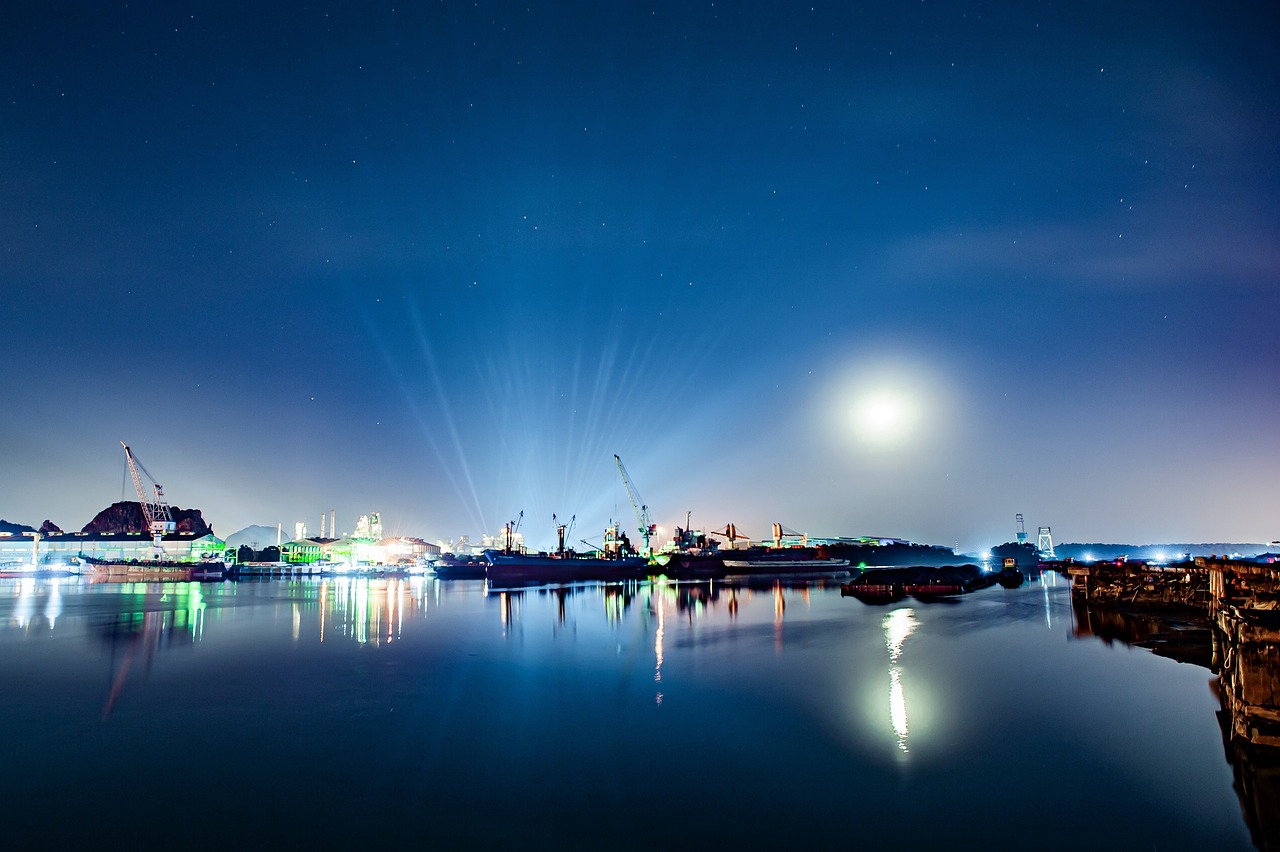 river, port, moonlight, full moon, ships, illuminated, night sky, water reflections, mirroring, mirror image, shipping, pier, shipping port, shipping industry, vessels, shipping vessels