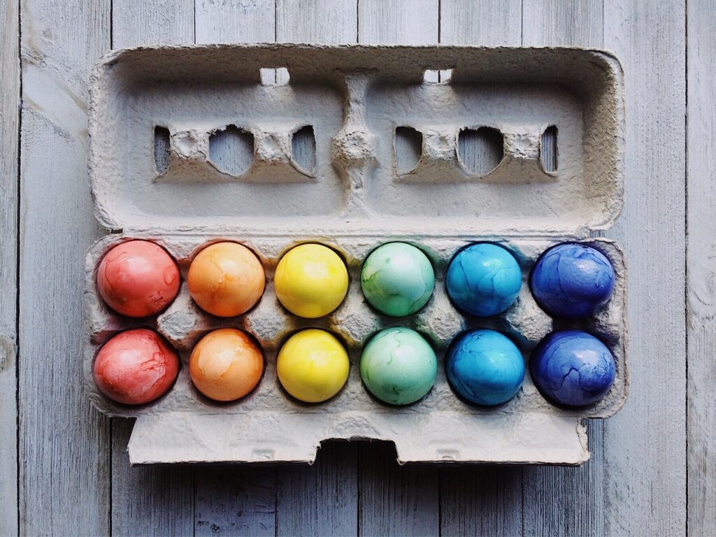 eggs, easter, easter eggs, egg carton, nature, colorful eggs, painted eggs, spring, colorful, multicolored, rainbow colored