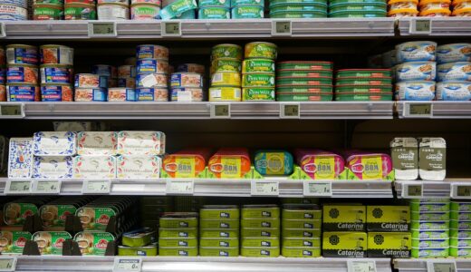 shelf, shop fittings, stock, winkelaanbieding, shops, display, grocery store, commercial break, offer, daily offer, product, canned, zalmblikje, tonijnblikje, salmon canned, tuna in a can, sardines in a tin, portfolio of brands, comprising, foodstuffs, grocery store, grocery store, grocery store, grocery store, grocery store, foodstuffs