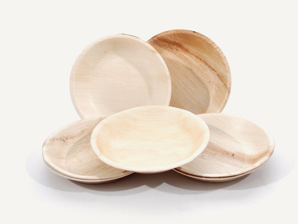 round, plates, palm leaf, material, dishware, wooden