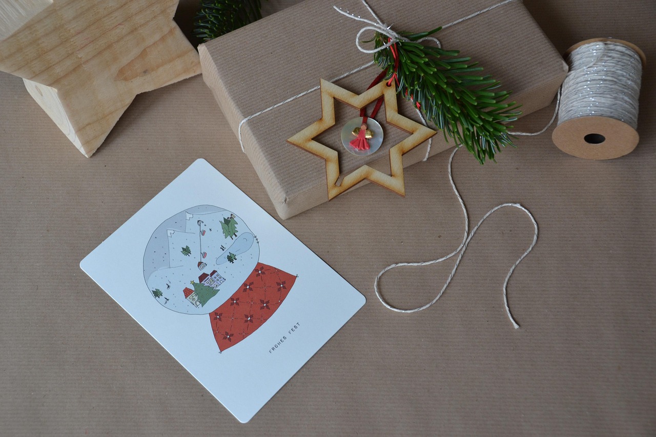 christmas, gift, packaging, ribbon, christmas party, packed up, festive, star, angel, red, branch, green, paper, brown, wrapping paper, christmas gift